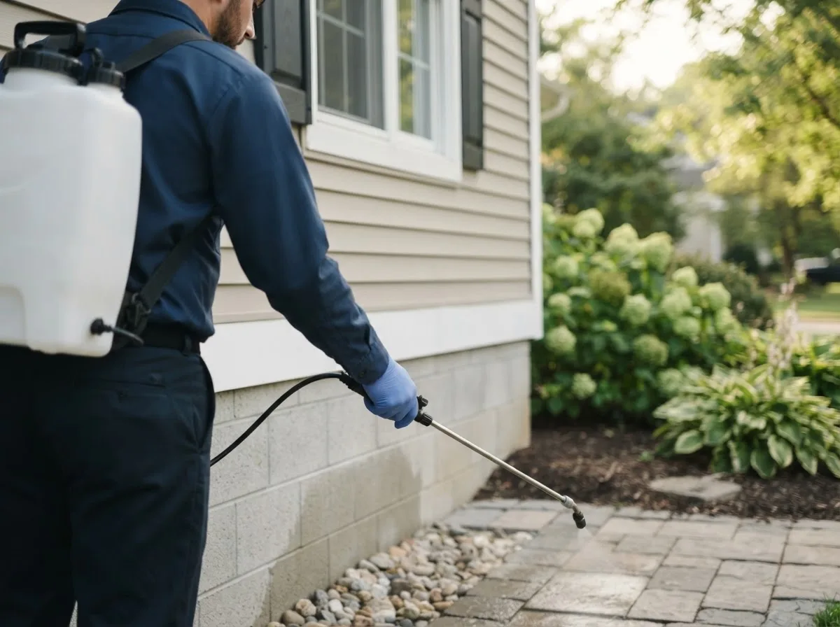 Pest control technician inspecting a home in Arthur City, TX